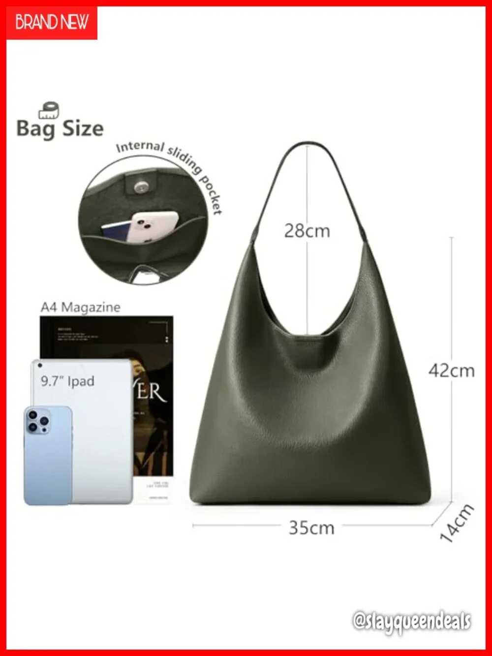 Slouchy Vegan Leather Hobo Bag Tote Shoulder Handbag 34cm
